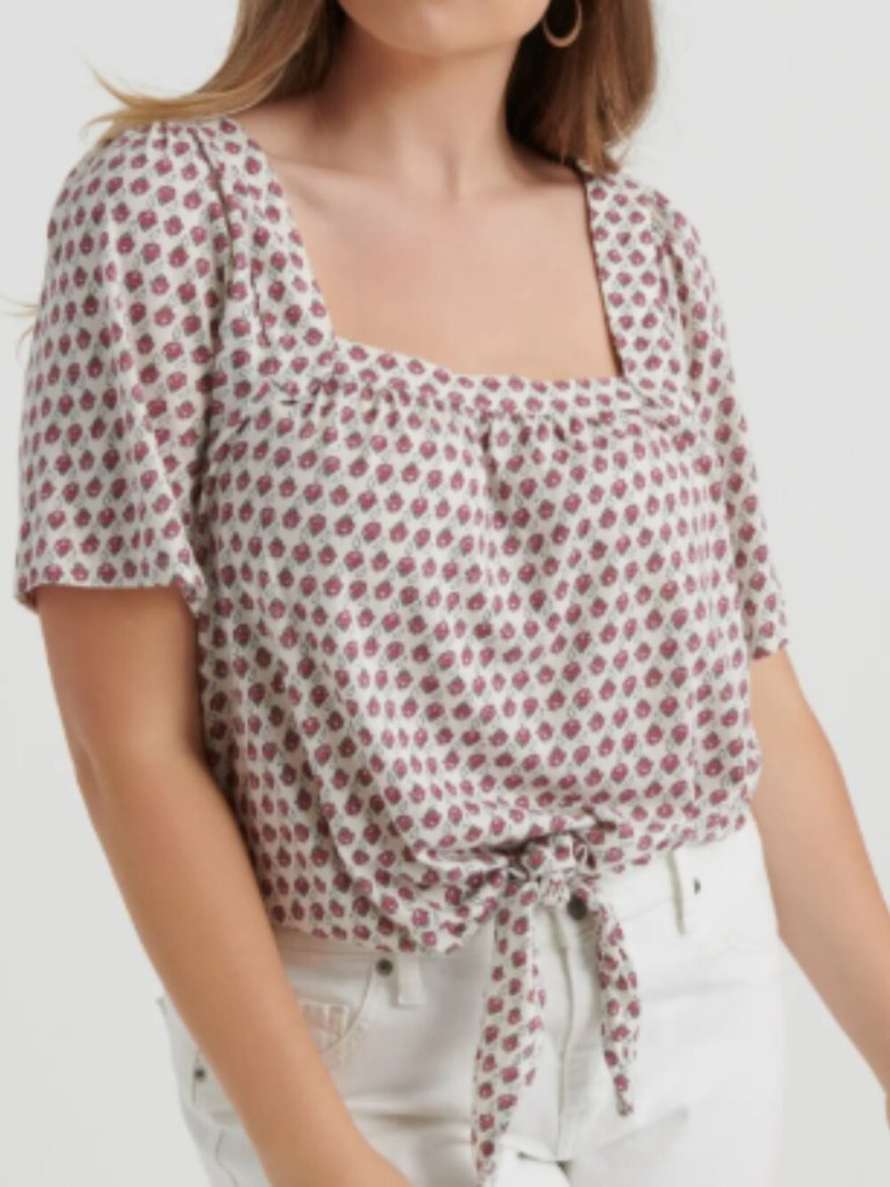 Lucky Printed Tie Front Top Womens Small Off White Rose Square Neckline
